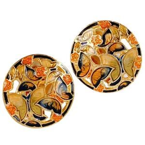 Vintage Cloisonné Enamel Butterfly Clip On Earrings Colorful Floral Gold Tone